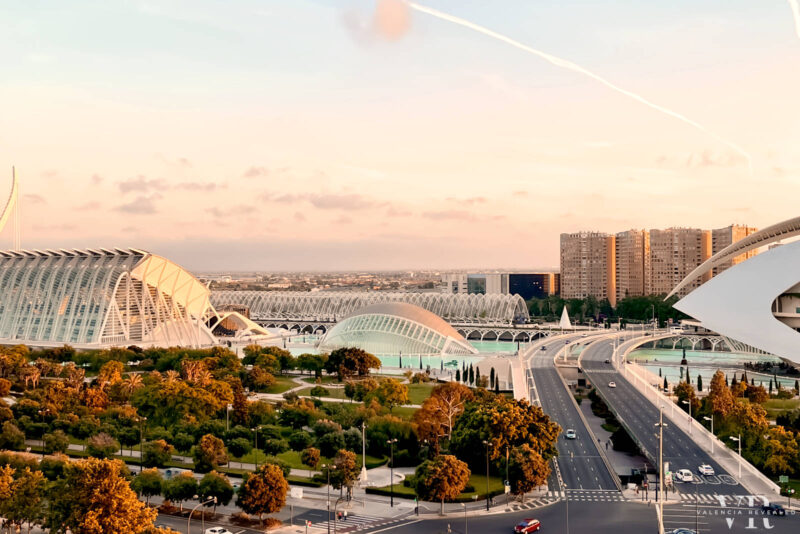Beautiful sunset over the City of Arts and Sciences from the rooftop terrace of Barceló Hotel