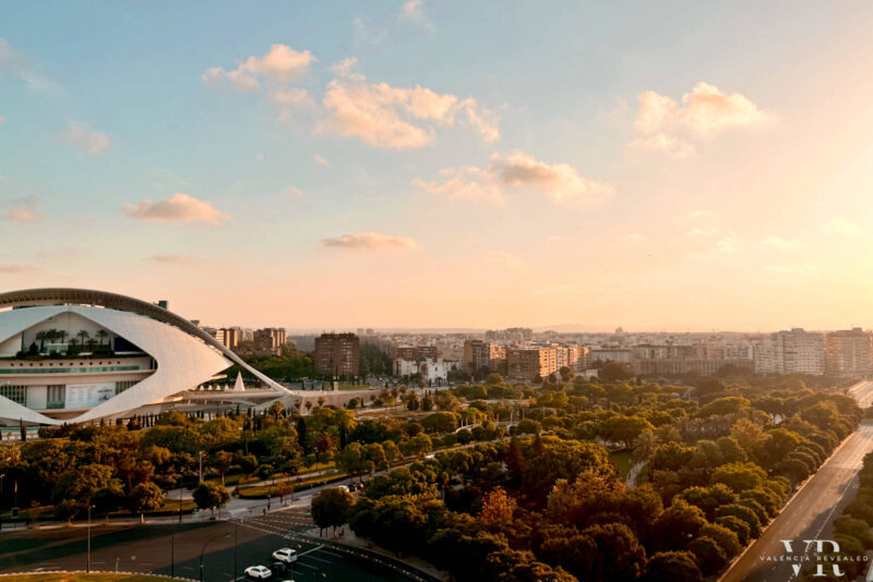 Panoramic view of the City of Arts and Sciences and Turia Park, the perfect place where to stay in Valencia if you love futuristic architecture.