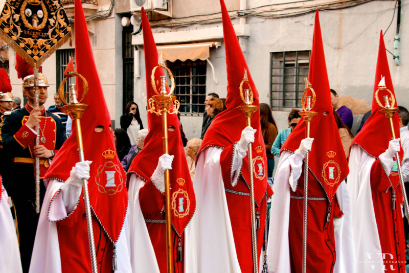 Men in pointy cone-shaped hoods at the Maritime Holy Week in Valencia
