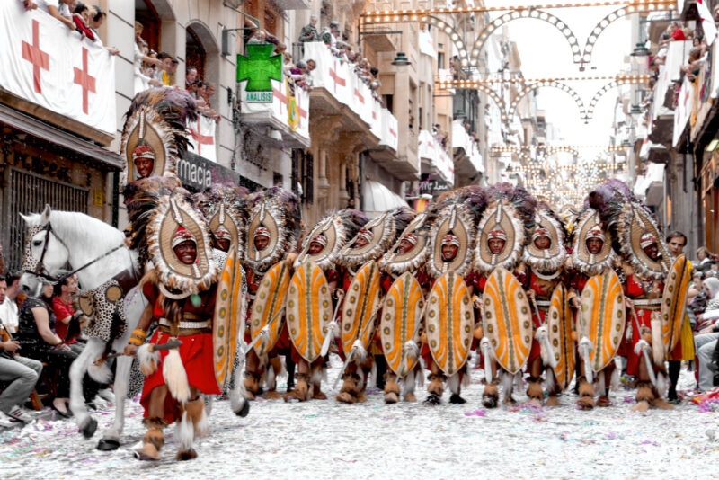 Men dressed in elaborate costumes representing Moors at Moors and Christians festival in Alcoy