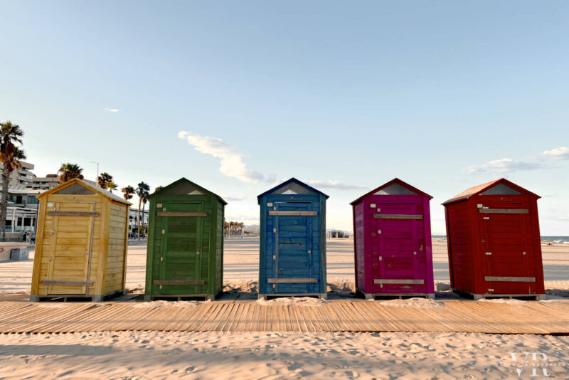 Colorful changing cabins on Patacona Beach in Valencia