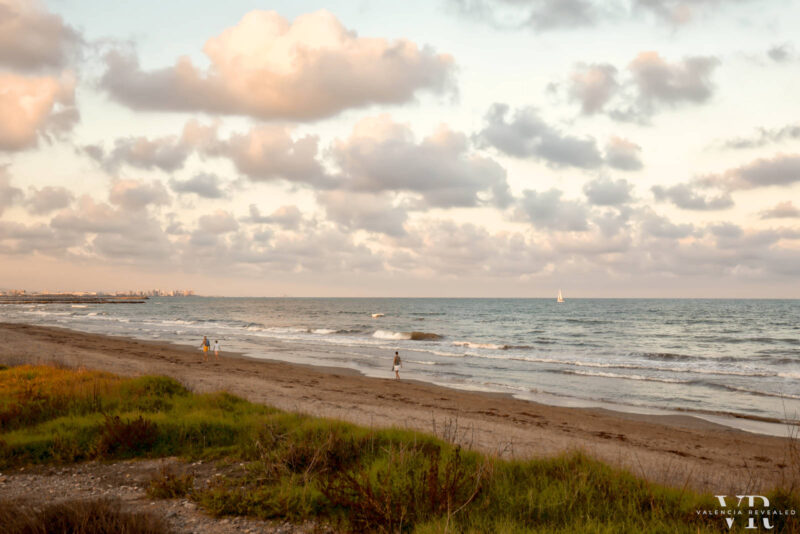 The grassy sand dunes of Patacona Beach in Valencia with fluffy clouds at sunset