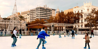 People skating on an ice rink in the city center of Valencia