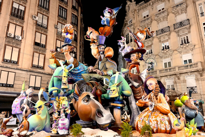 A fallas with several cats and other fantastic characters