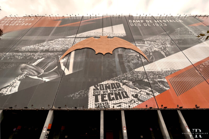 The outside of the Mestalla Stadium featuring the bat symbol