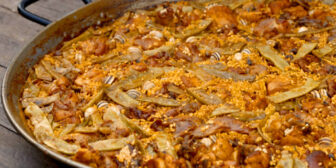 Authentic Valencian paella in a pan