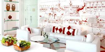 Chic white and red hotel room