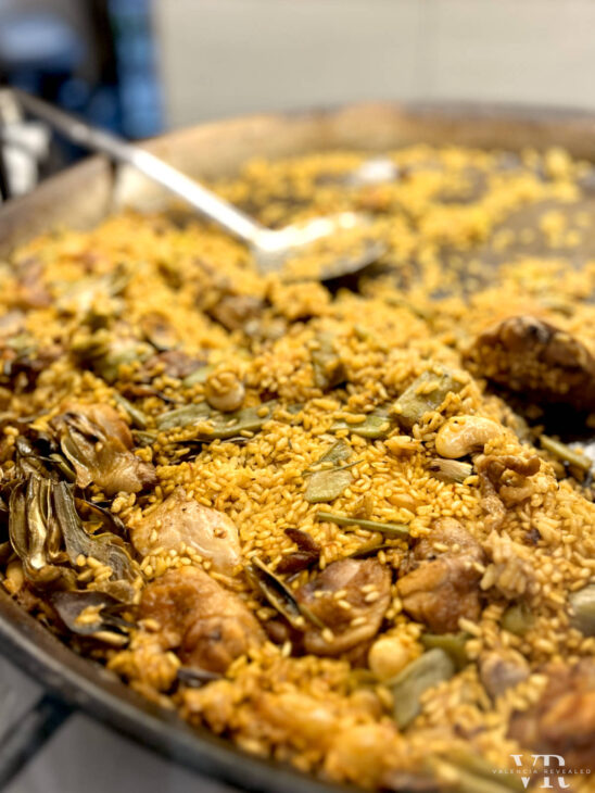 Paella rice in a pan